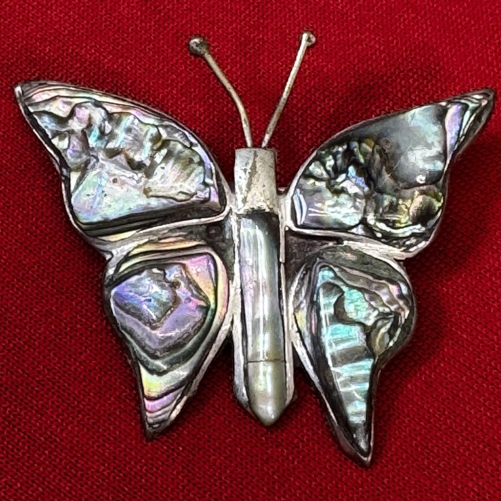 Mexico Gold Tone Abalone Mother of Pearl Butterfly Brooch Pin Large Vintage